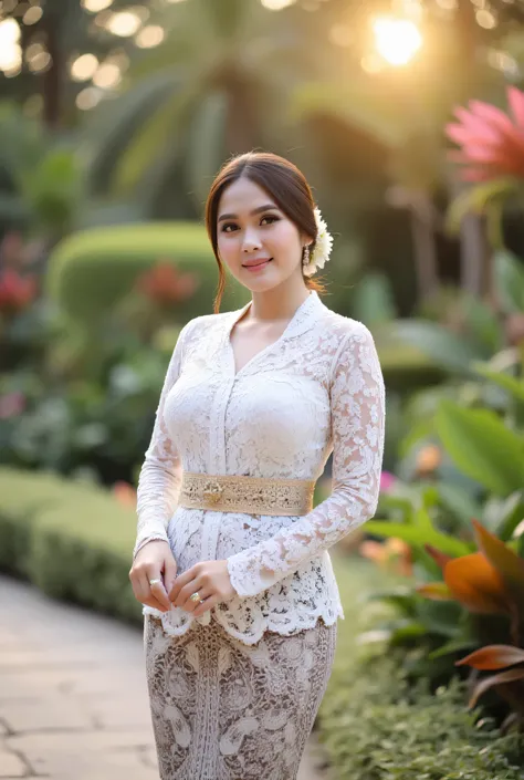 portrait of beautiful woman wearing modern kebaya in white with traditional floral embroidery details, standing gracefully in a beautiful tropical garden, kebaya fitted with delicate lace detail and sparkling sequins, classic patterned batik fabric as a su...