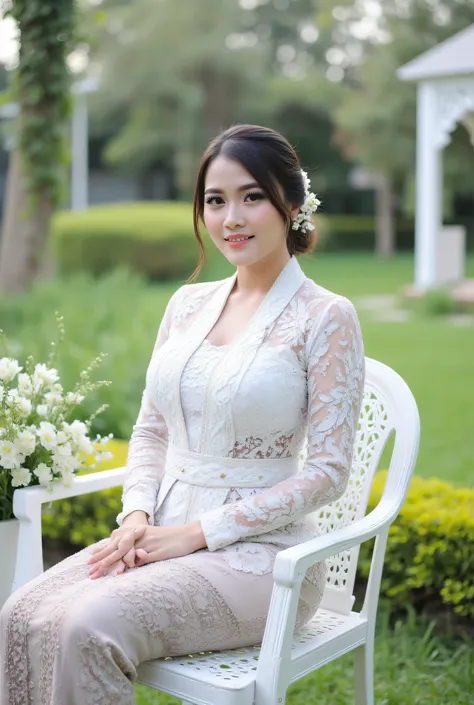 portrait of graceful woman wearing modern white kebaya with traditional floral embroidery detail, sit elegantly on a white vintage garden chair, kebaya fitted with delicate sparkling lace and sequin details, beautifully arranged classically patterned batik...