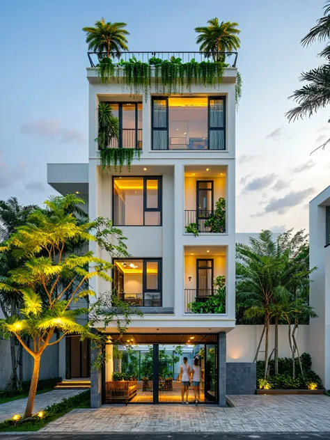 neo classical villa on street, tropical tree, vivid colour, streetcapes, black detail, white wall, large glass door, warm interior lighting, best quality,
