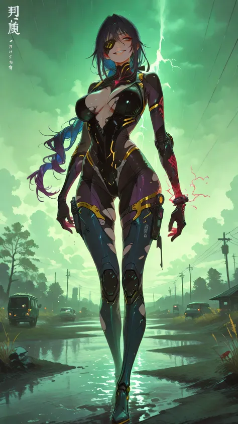 Uehara Rin,1girl, mature female,,fmuc,mythp0rt,mechanical tails,,torn bodysuit, heavy metal girl standing on th black tank on the green toxic polluted lake (metal gear solid 2 intro style ) red tattoos, sharp angles, saxy wild energy, metal gear solid wi...