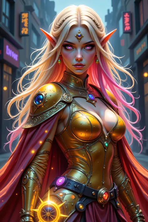 zavy-dtlnm,FntsyPstlCE style,Colorful,a portrait of a female elf (intense details, Masterpiece, best quality) fantasy cleric, fantasy celestial guardian, armed with a holy symbol, shinning holy symbol, metallic shine, an ultra wide shot, full body (intense...