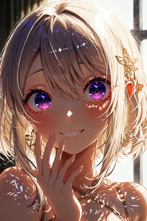 She wears a soft, gentle smile—one that barely lifts the corners of her lips, yet carries a quiet warmth. Her eyes, though focused, soften with a subtle light, as if holding back laughter or a memory only she knows. It’s the kind of smile that doesn’t dema...