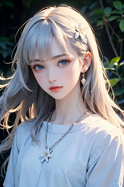 (Beautiful adult woman), (lonely and sad expression), clear light blue eyes, (long, semi-long white-silver hair), hair blowing in the wind, portrait, wearing a loose-fitting white short-sleeved T-shirt, (slender figure), sparkling small necklace, (white-ca...