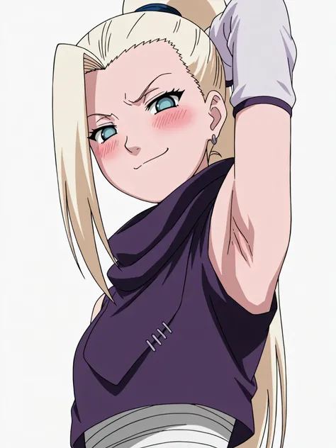 masterpiece, best quality, amazing quality, anime screencap, anime coloring, 1girl, solo, yamanaka ino, blonde hair, high ponytail, long hair, blue eyes, earrings, bandages, detached sleeves, ninja, arm behind head, armpit, armpit focus, head towards viewe...