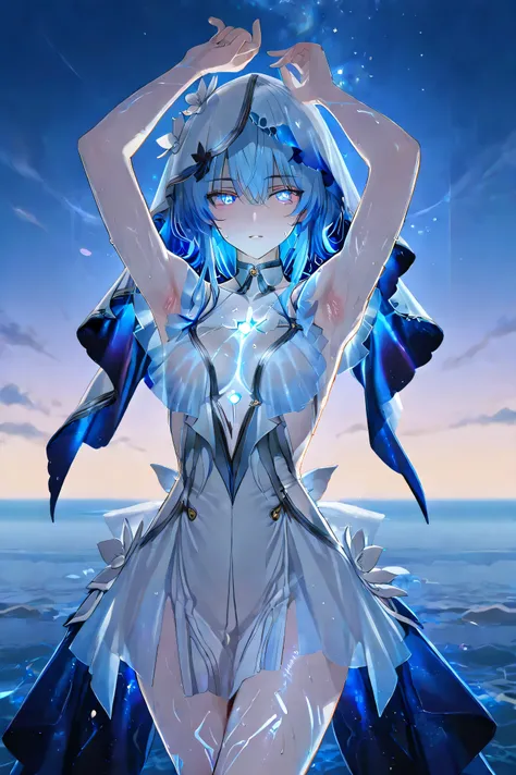 ,shorekeeper (Wuthering Heights), 1 girl , blue eyes, Glowing Hair, beautiful body, soft lips , Ultra HD Eyes , Super HD Eyes , Glowing Eyes, Ultra HD Body,Ultra High Definition Body,Hyper Realistic Body, Cosmic Background Radiation , Ultra high quality...