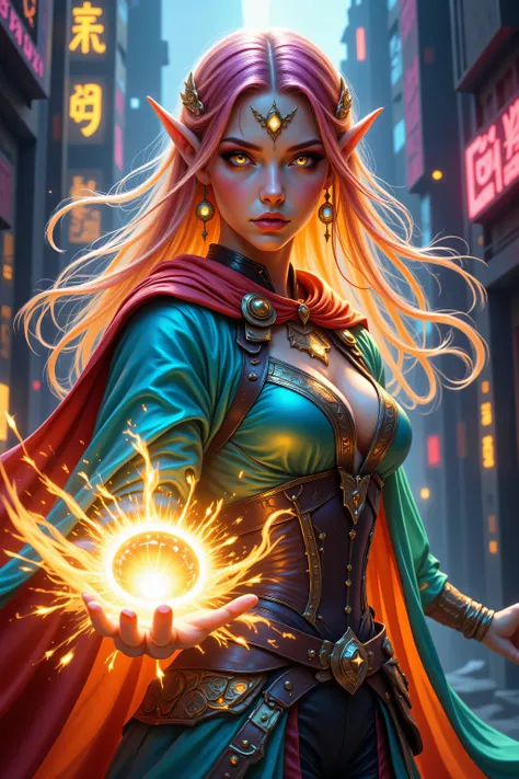 zavy-dtlnm,FntsyPstlCE style,Colorful,a portrait of a female elf (intense details, Masterpiece, best quality) fantasy cleric, fantasy celestial guardian, armed with a holy symbol, shinning holy symbol, metallic shine, an ultra wide shot, full body (intense...