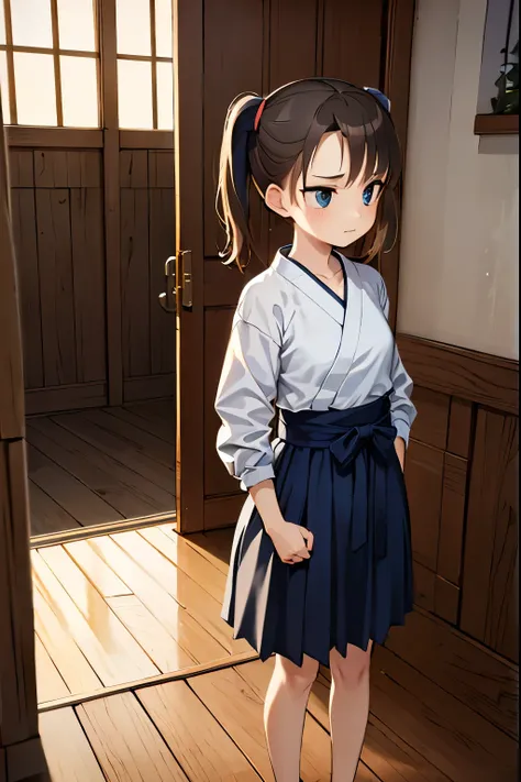 First Step into the Dojo" A nervous but determined rookie stands at the entrance of the kendo dojo, sunlight casting dramatic shadows across the wooden floor.
