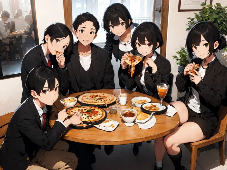 Big family eating pizza 、Short black hair、Black jacket、Black slacks、White patent leather shoes、Coffee with lots of ice