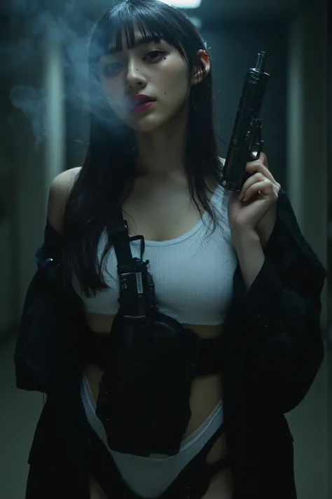 (((Inside the dark spaceship Nostromo ship:2.0))),((Inside a dark science facility pool:2.0)),(((HR Gigger Style Super Cyberpunk Vibe:2.0))),((((smoke:2.0)))),((holding a revolver handgun in one hand:2.0)),standing in the teacher's house,one woman,(cute fa...