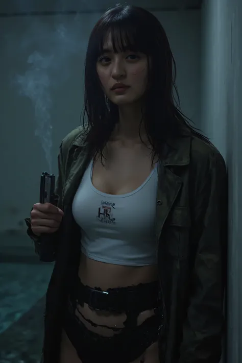 (((Inside the dark spaceship Nostromo ship:2.0))),((Inside a dark science facility pool:2.0)),(((HR Gigger Style Super Cyberpunk Vibe:2.0))),((((smoke:2.0)))),((holding a revolver handgun in one hand:2.0)),standing in the teacher's house,one woman,(cute fa...