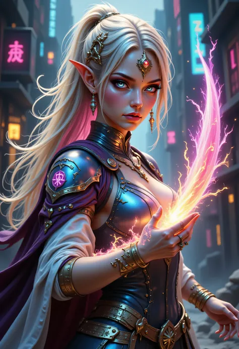 FntsyPstlCE style,Colorful,a portrait of a female elf (intense details, Masterpiece, best quality) fantasy cleric, fantasy celestial guardian, armed with a holy symbol, shinning holy symbol, metallic shine, an ultra wide shot, full body (intense details, M...
