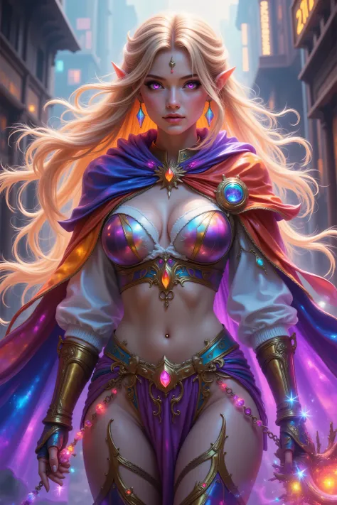 FntsyPstlCE style,Colorful,a portrait of a female elf (intense details, Masterpiece, best quality) fantasy cleric, fantasy celestial guardian, armed with a holy symbol, shinning holy symbol, metallic shine, an ultra wide shot, full body (intense details, M...