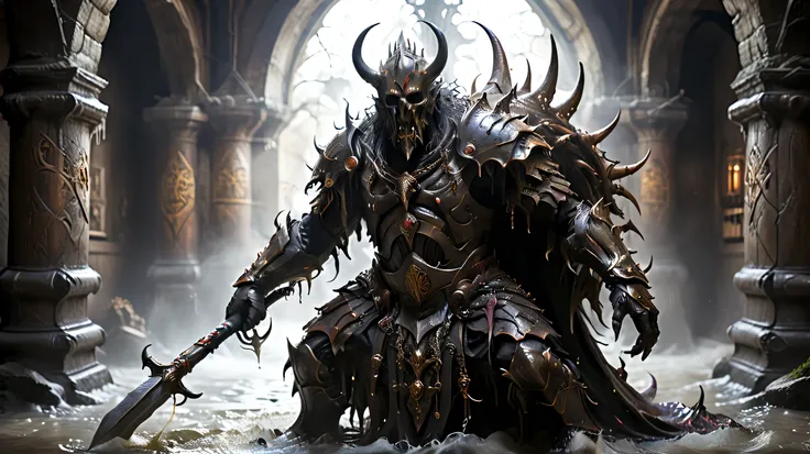 Horizontal view of a dark warrior in ritual armor, forged from black metal and decorated with profane beer symbols. Your armor It has pipes and valves that pump a dark, viscous liquid throughout its body. In one hand holds a halberd with a barrel at the ti...