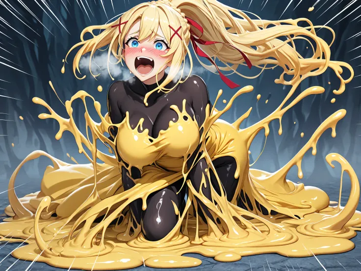 3DMM,adult mature aadarkness:1.0, completely melted:1.0, long blonde hair, braid, ponytail, x hair ornament, blue eyes, large breasts, red ribbon, yellow dress, ,detailed eyes,High quality, black nylon bodystocking, slime girl, melting, dripping, puddle, s...