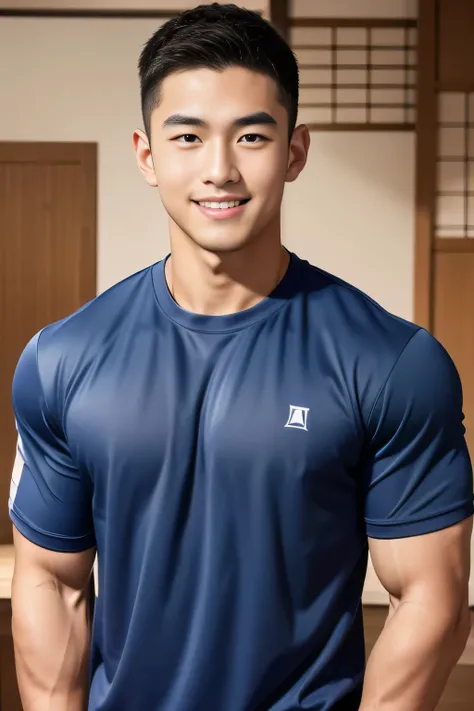 18-year-old male、Japanese、handsome guys、Macho、athlete、plain navy colored clothes、Shaved head、smile