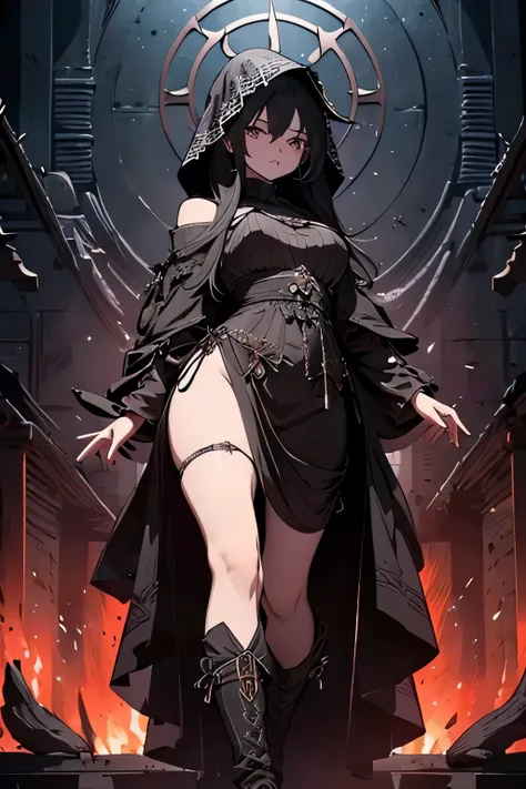 )）、（ lightly dressed 、chest fissure、full body photo、Beautiful legs)、（dark hooded with dark garment tunic、atrocious、 expressionless face 、prisoners sentenced to death、Large perforations、large earrings、standing）、1 girl in、masterpiece、Japanese girl、absurd、hig...