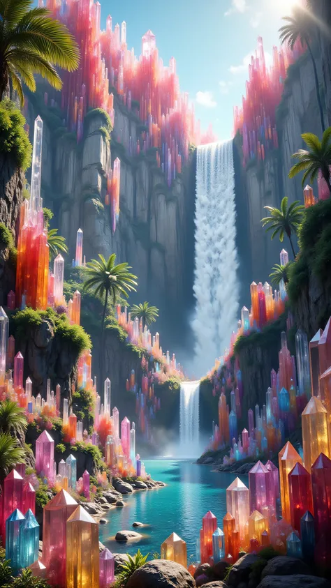 Ultra-realistic, photo-realistic. A cliff that is 300 feet tall made up of gigantic quartz crystal points that are multicolored translucent pillars in a tropical rainforest. In the middle of these skyscraper sized quartz crystals is an incredible gushing...