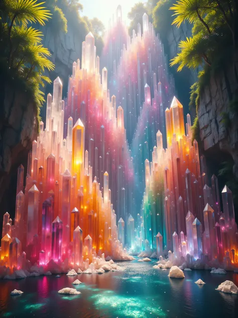 Ultra-realistic, photo-realistic. A cliff that is 300 feet tall made up of gigantic quartz crystal points that are multicolored translucent pillars in a tropical rainforest. In the middle of these skyscraper sized quartz crystals is an incredible gushing...