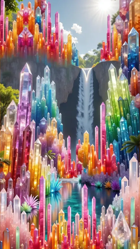 Ultra-realistic, photo-realistic. A cliff that is 300 feet tall made up of gigantic quartz crystal points that are multicolored translucent pillars in a tropical rainforest. In the middle of these skyscraper sized quartz crystals is an incredible gushing...