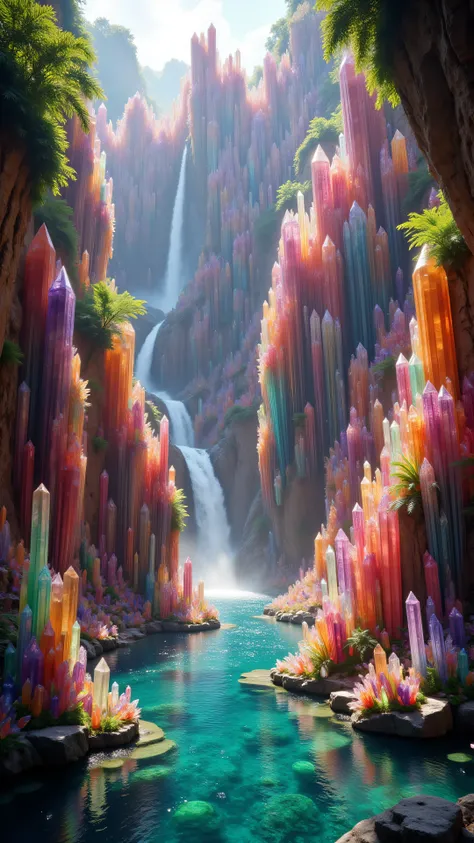 Ultra-realistic, photo-realistic. A cliff that is 300 feet tall made up of gigantic quartz crystal points that are multicolored translucent pillars in a tropical rainforest. In the middle of these skyscraper sized quartz crystals is an incredible gushing...