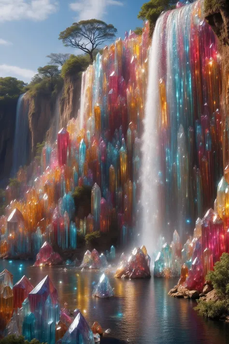 Ultra-realistic, photo-realistic, ultra-detailed, physically-based rendering, landscape, Eppa Falls、Kunene River Falls on the border between Namibia and Angola in Africa, a mist of water vapor coming from the end of the waterfall with a rainbow effect. A c...