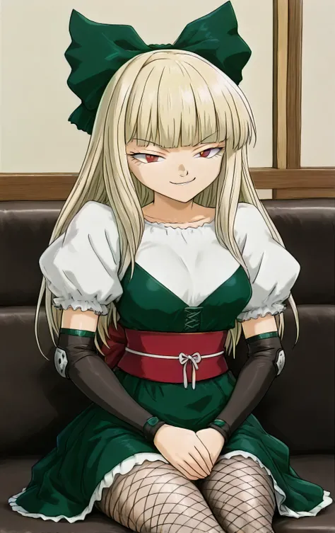 1girl,Shogun,Asbotsenki Mari ,solo ,1990s \(style\),Blonde,red eyes ,Half Closed Eyes ,baggy bangs,puff sleeve,hair bow,green bow,long hair at Boro-Yado,Elbow pads,fishnet tights,Green Dress,drawer,indoors,Home,Room,Sitting,Put your hands on the couch,(sm...