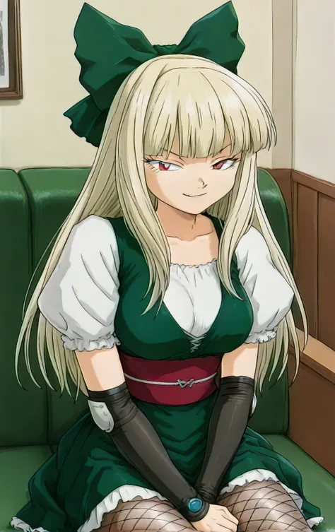 1girl,Shogun,Asbotsenki Mari ,solo ,1990s \(style\),Blonde,red eyes ,Half Closed Eyes ,baggy bangs,puff sleeve,hair bow,green bow,long hair at Boro-Yado,Elbow pads,fishnet tights,Green Dress,drawer,indoors,Home,Room,Sitting,Put your hands on the couch,(sm...