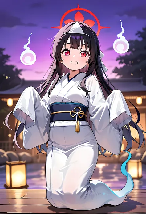 score_9, score_8_superior, score_7_superior, masterpiece, best quality, absurdres, high_fidelity, vibrant, sauce_anime, rating_safe, Adorable, 1girl, short stack, triangular, headpiece, shiroshouzoku, japanese clothes, ghost, ghost costume, hitodama, ghost...