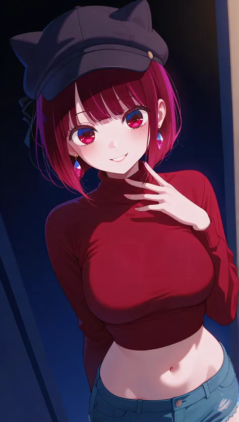 (masterpiece), (portrait), medium breasts (aesthetics), ((1 female 21 years old, Kana Arima)), Highlight earrings), ((short hair)), ((Hot crystal red hair)), ((women)) straight hair, thin eyes open, red eyes, cute, naughty smile, women's cap female, woman,...