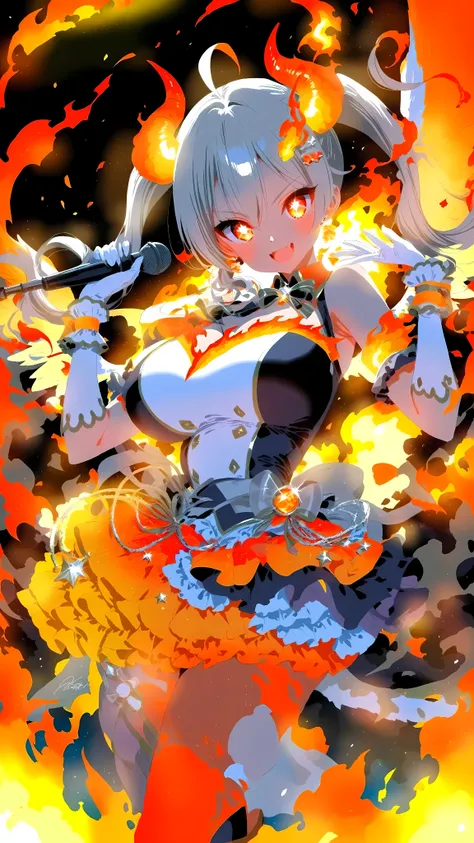 (((super aesthetic))), (((Very nice))), Extremely Distorted Hell Ifrit Idol Girl, (idol figure), Glamorous Thin Japanese Face. (Grand Red)AND(Platinum silver)Ifrit's Ifrit idol costume, Flaming\(asymmetry\)AND\(Multi Furi Idol Costume\). (Attractive Burnin...