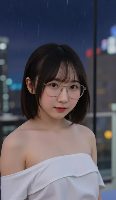 1girl, Solo, High Resolution, Masterpiece, Anatomically Correct, Accurate, real proportions, detailed skin, detailed face, Best Quality, real life style, black hair, bob hair, glasses, portrait, tween, rainy night, city background, indoors, wearing only a ...