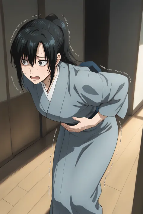 kyubei ,Japanese clothes, sash, obi, Solo, general, masterpiece, highres, ultra-detailed, hyper-detailed, best quality,  amazing quality, very aesthetic, best hands, best eyes, best hand
adult woman, 1woman, hand on own stomach, sweat,  leaning forward, ne...