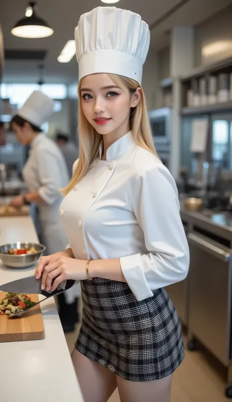 wearing a traditional tall white chef's hat、captures a slender and athletic white female chef。Her oval face 、smooth skin、blue almond eyes、plump, shiny red lips、highlighted by dramatic dark eyeliner and defined lashes。her long straight blond hair、shimmering...