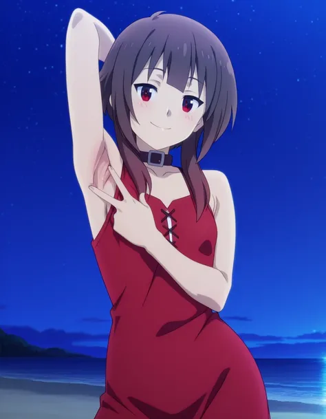 megumin, short hair, black hair, red eyes, short hair with long locks, mature female, small breasts, anime screencap, sleeveless, collar, red dress, high quality, solo, night sky, beach, <lora:spread-armpit-illustriousxl-lora-nochekaiser:1>, spread armpit,...