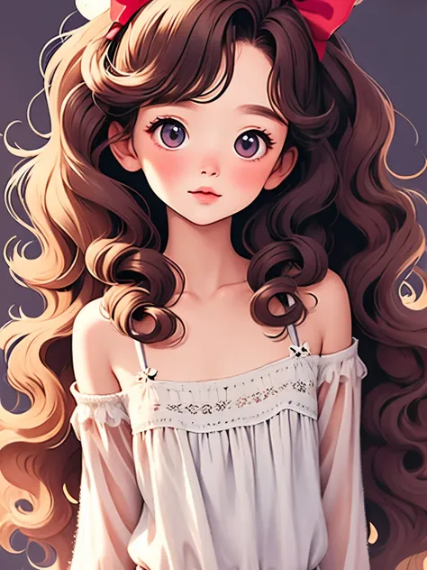 (masterpiece, Highest Quality:1.2), 1 young little girl，Short Height，skinny，petite，Alone，wavy hair， light and fluffy long hair，bow headband，camisole，details，clean background