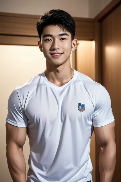 18-year-old male、Japanese、handsome guys、Macho、athlete、plain white clothes、super short hair、smile
