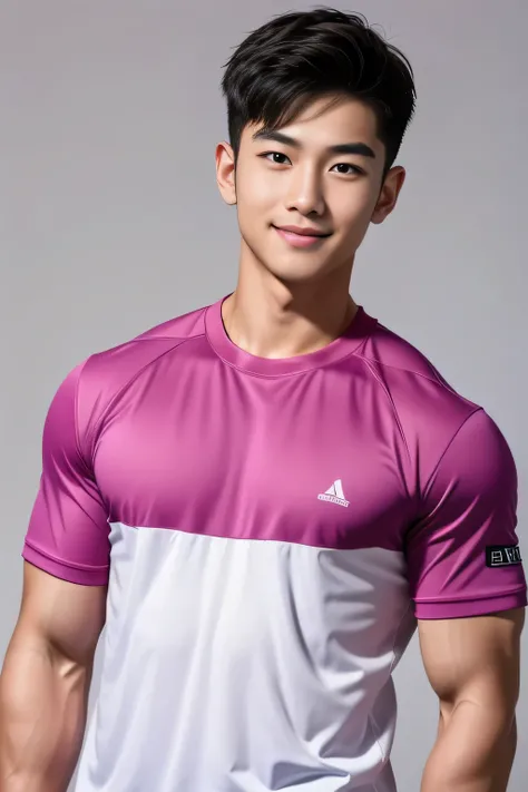 18-year-old male、Japanese、handsome guys、Macho、athlete、plain magenta clothes、super short hair、smile