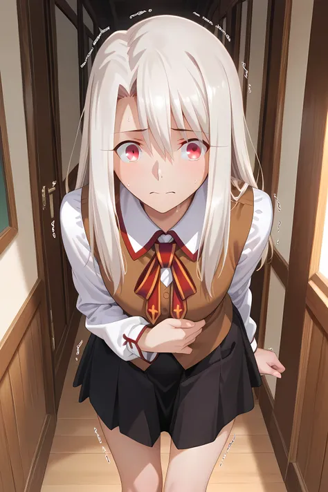 illyasviel von einzbern, white hair, long hair, red eyes, hair between eyes,homurahara academy school uniform, neck ribbon, red ribbon, brown vest, white shirt, collared shirt, long sleeves, black skirt, pleated skirt, Solo, general, masterpiece, highres, ...