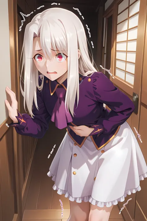 illyasviel von einzbern, white hair, long hair, red eyes, hair between eyes,purple ascot, purple shirt, collared shirt, long sleeves, white skirt, frilled skirt, medium skirt,Solo, general, masterpiece, highres, ultra-detailed, hyper-detailed, best quality...