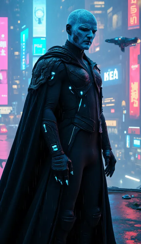 Pedro Pascal as Fantomas, cyberpunk style, wears a sleek black armored suit, glowing neon blue accents, head covered with futuristic pale mask, bald, digital holographic face, long cybernetic cape, stands, rain-soaked rooftop, neon-lit megacity, holographi...