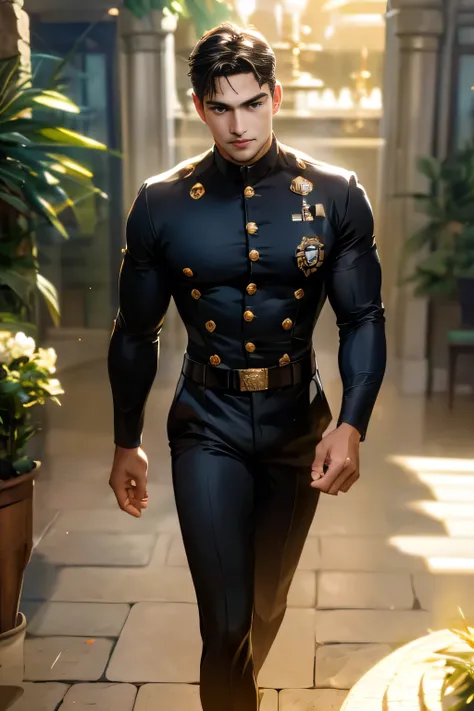 ((1 man)), alone, young handsome man, Latin mulatto skin, attractive features, tan tone skin, dark blue eyes, friendly expression, man's long haircut medium, black brown hairstyle, small low ponytail at back of head, light beard, wearing black security un...