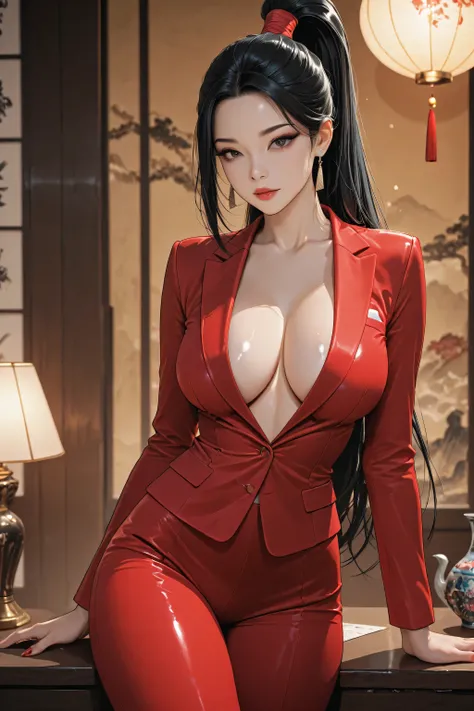 Thai woman with long black hair tied in a ponytail, very large breasts, wearing a sexy red suit (upper half)