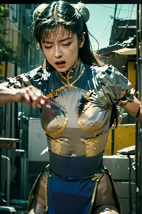 攻撃を喰らってnagging behind, Chun Li, damaged, ryona, expression of pain on the chest, closed eyes, hyper real, photo real, 8K, high image quality, Realistic, torn, 1 girl, nagging behind, hurts, is being hit, pelvic curtainが横に捲れて銀色のレオタードが見えている