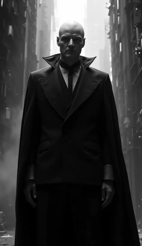 Pedro Pascal as Fantomas, German expressionist cinema style, wears a sharp black suit and cape, head covered with pale mask, illuminated by harsh angular lighting, bald, surreal distorted cityscape, sharp shadows, exaggerated architecture, dramatic black-a...