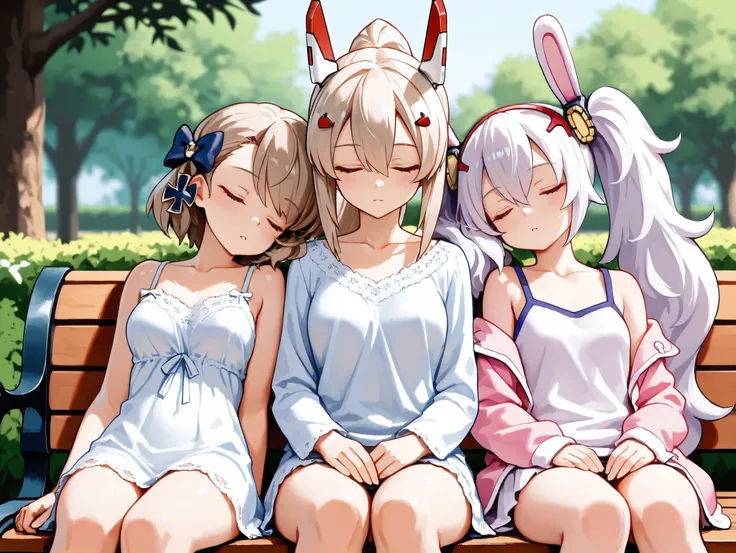 anime style, anime face,high quality, masterpiece, best quality, ultra-detailed,finely detailed, sharp focus, 8k, highres, intricate details, beautiful lighting,Azur Lane, Z23, Laffey, Ayanami, three girls, park, bench, sitting on bench, sleeping, looking ...