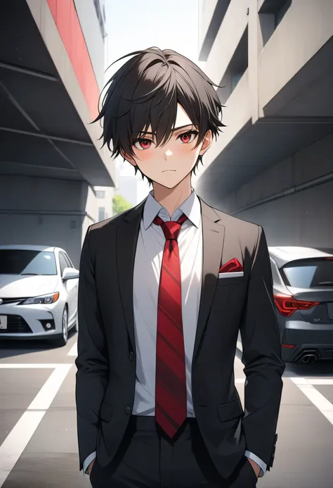 good teacher, better quality, high resolution, UHD, perfect pixels, depth of field, 4k, RTX, hdr))), A 22-year-old boy, alone, cuerpo completo, slim body, tall height, Art Style, anime character, ((serious look, short hair on the sides, color black )), (sc...