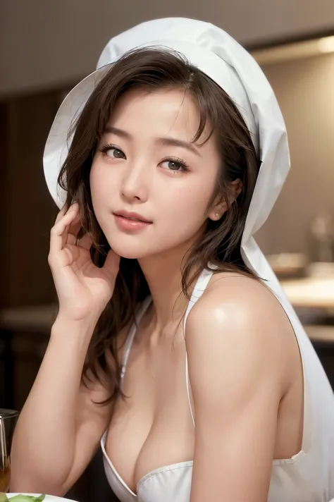 (Highest Quality, High Precision Selection, masterpiece:1.2), detailed display, Describe facial expressions in detail 、 Closeup of one woman's face 、realistic:1.37,(perfect anatomy), A beautiful woman's cook、(Portrait)、The length of the cook in a white coa...