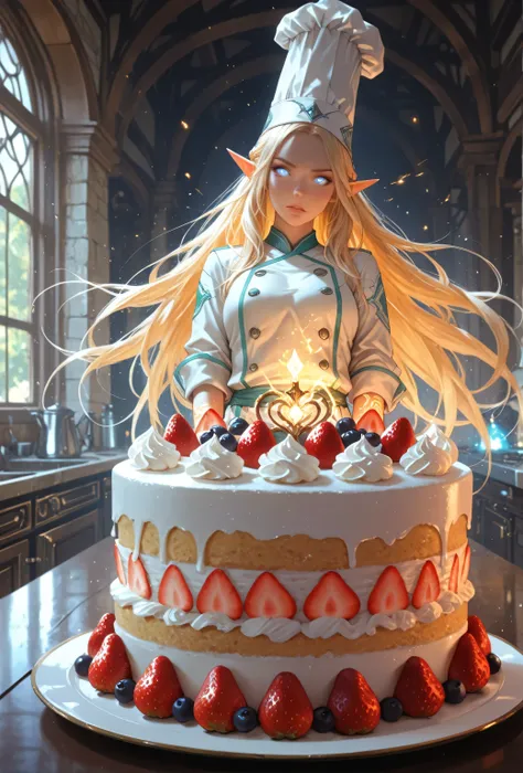 Aesthetic_PDXL,a portrait of a female elf (intense details, Masterpiece, best quality) fantasy chef, fantasy celestial baker, making magical cake, an ultra wide shot, epic beautiful female elf, blond hair with chunky red streaks highlights , rich hair, glo...