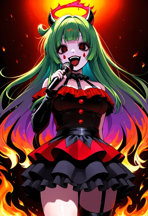 Vannamelon, goth clown girl, skirt, creepy clown girl, horns, red halo, halo on fire, holding a microphone, singing, great digital art with detail, intricate clown costume, Amazing fantasy art, y 2 k cute cute clown, high quality detailed art 8k, backgroun...