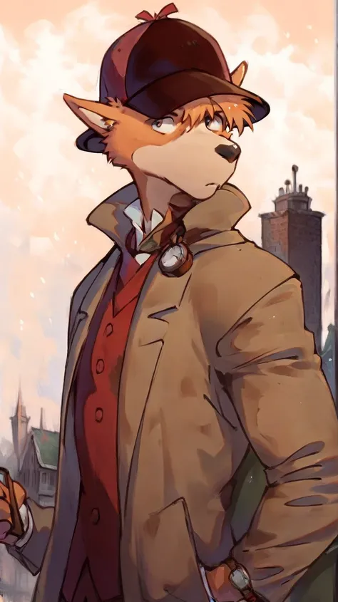 solo, male, furry, brown detective hat, travelers cloak , dark red vest, white dress shirt, holding a pocket watch, looking at pocket watch, light breeze, short hair , messy hair, outside, digital painting, athletic male furry, clouds, sunny weather